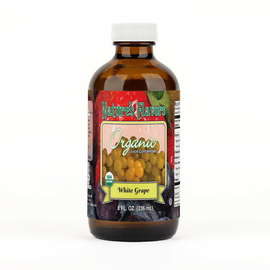 Bottle labeled, "Organic Juice Concentrate White Grape"