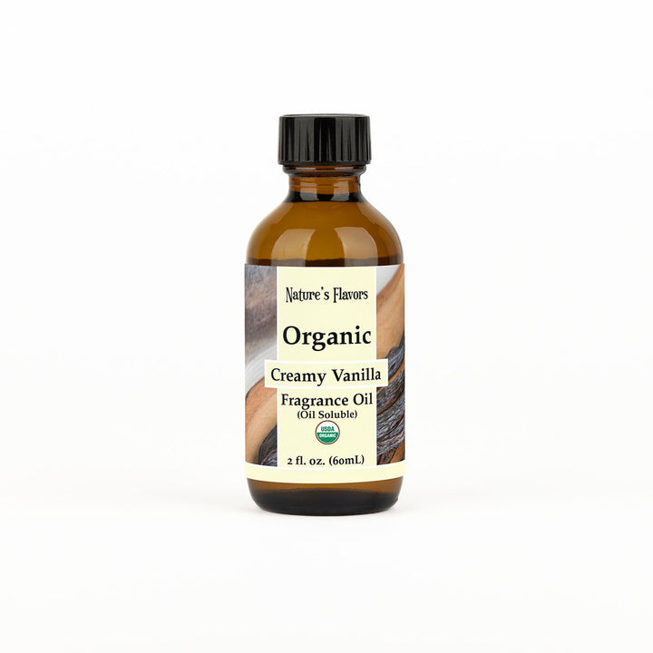 Bottle of Organic Creamy Vanilla Fragrance Oil by Nature's Flavors on a white background
