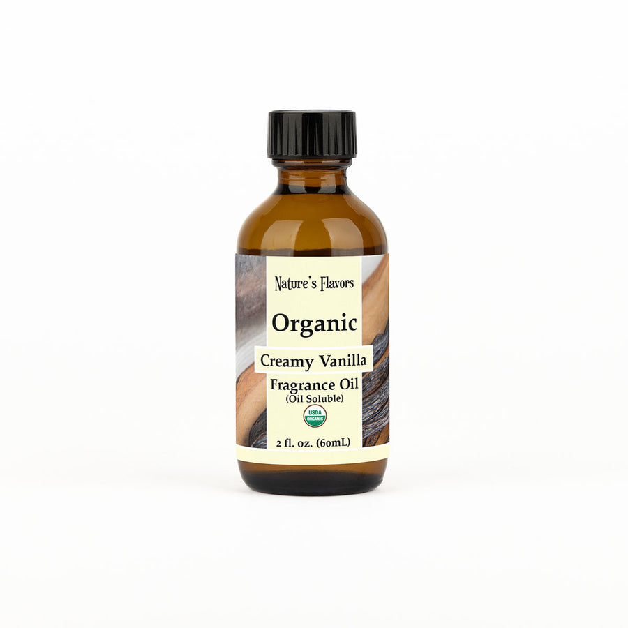 Bottle of Organic Creamy Vanilla Fragrance Oil by Nature's Flavors on a white background