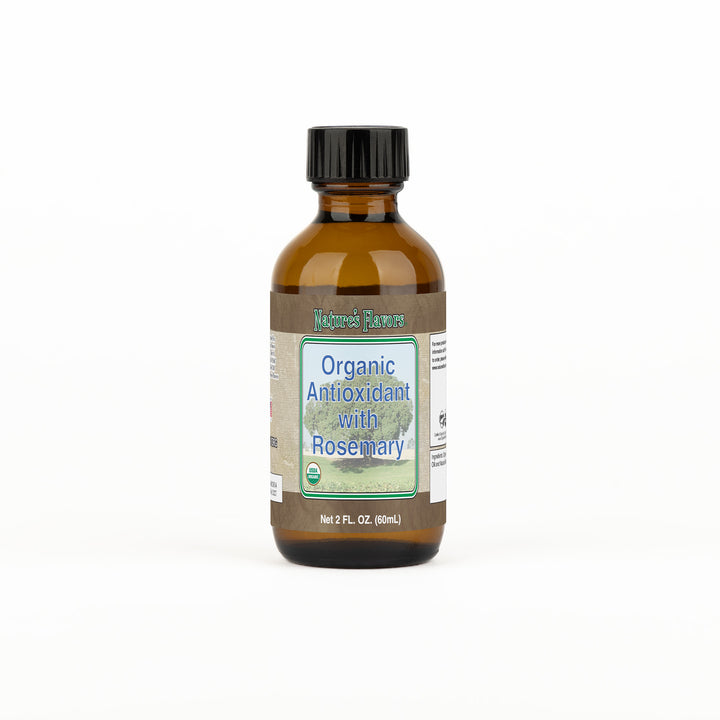Brown bottle labeled, “Organic Antioxidant with Rosemary"
