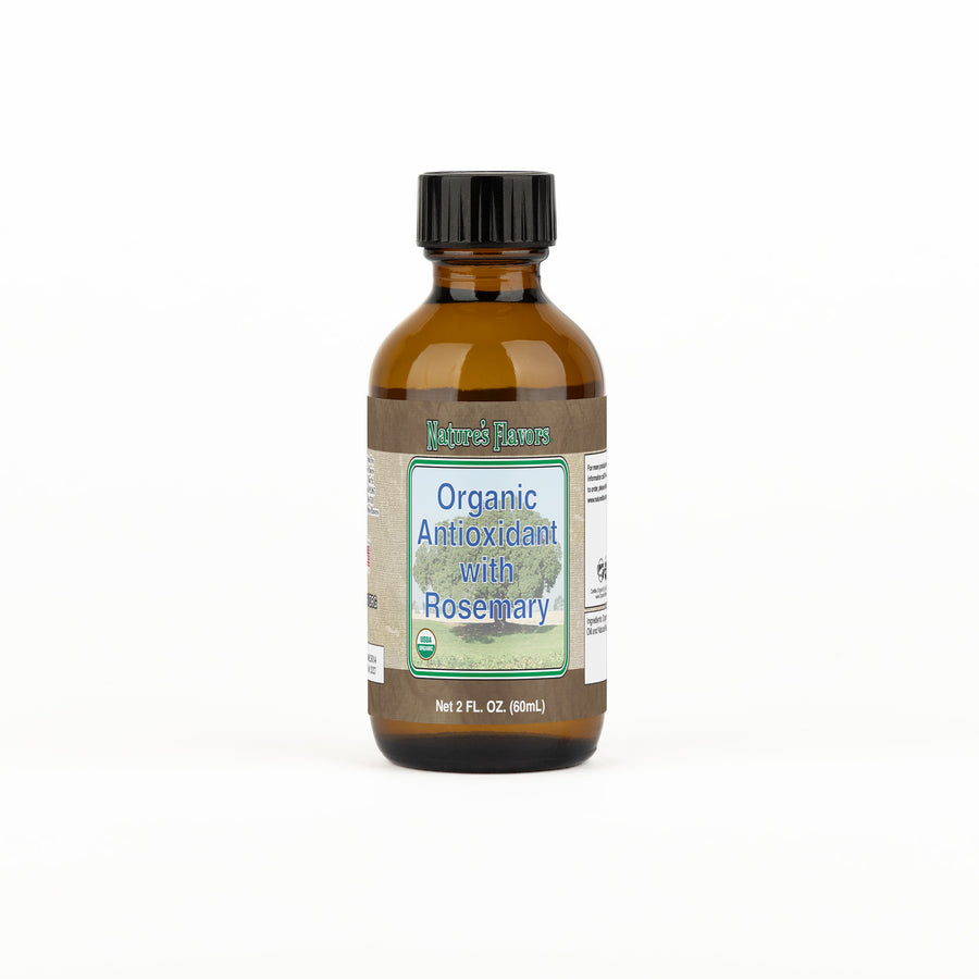 Brown bottle labeled, “Organic Antioxidant with Rosemary"