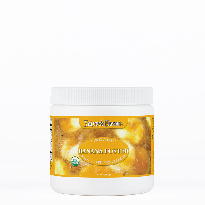 White tub labeled, "Organic Banana Foster Flavor Powder"