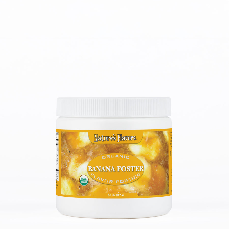 White tub labeled, "Organic Banana Foster Flavor Powder"