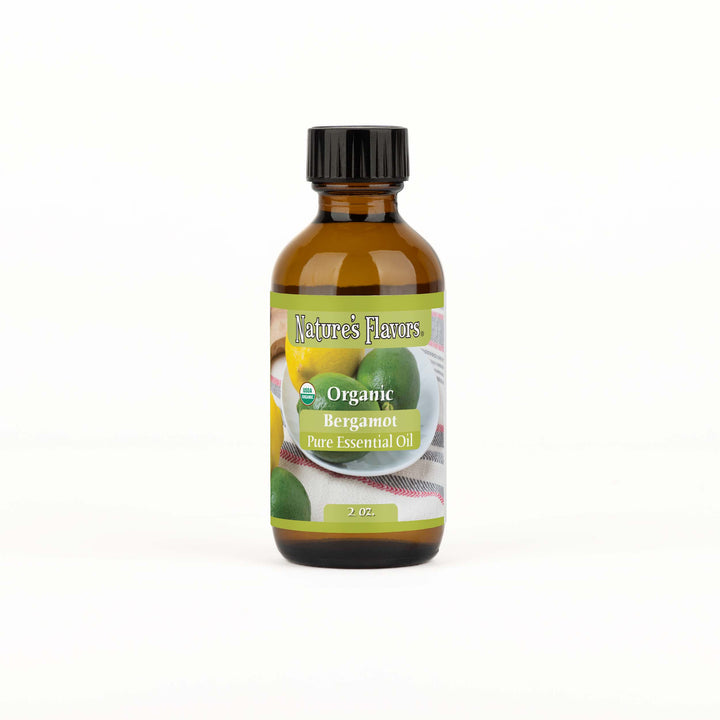Bottle of Nature's Flavors Organic Bergamot Pure Essential Oil on a white background