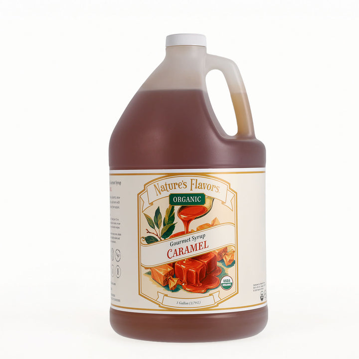 A large plastic gallon jug of Nature's Flavors Organic Gourmet Syrup Caramel, filled with dark amber-brown syrup, on a clean white background.