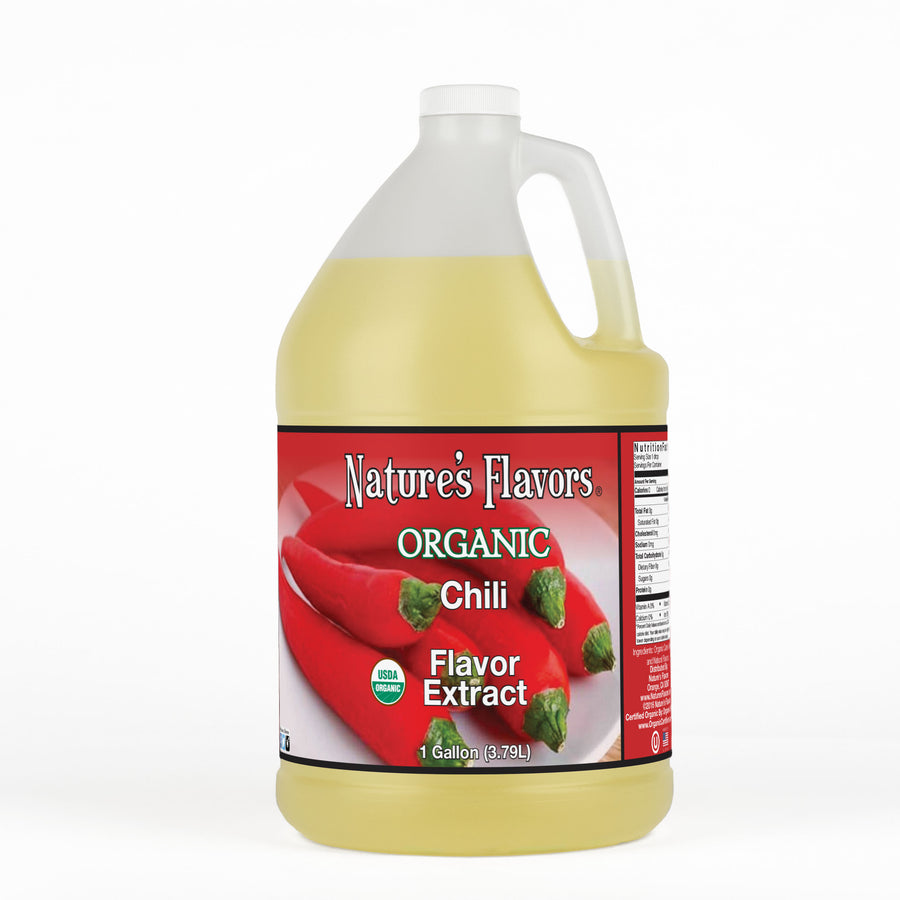 1-Gallon bottle labeled, “Organic Chili Flavor Extract"