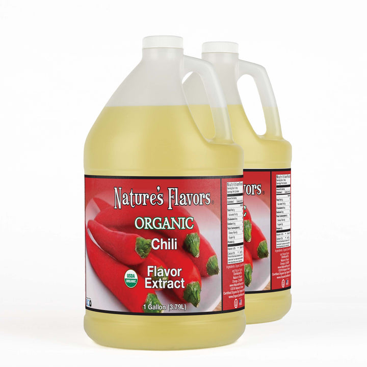 Two 1-gallon bottles labeled, "Organic Chili Flavor Extract"