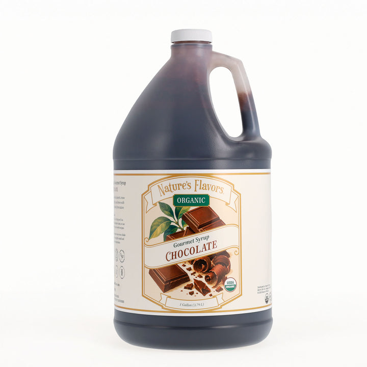 A one-gallon plastic jug of Nature's Flavors Organic Chocolate Flavored Syrup on a clean white background.