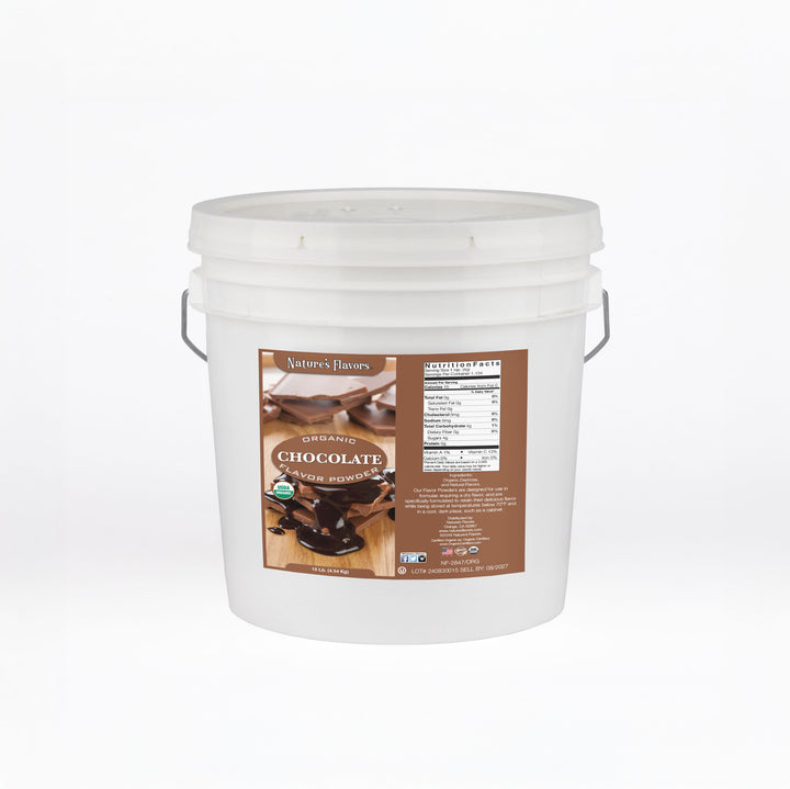 White bucket labeled “Organic chocolate flavor powder"