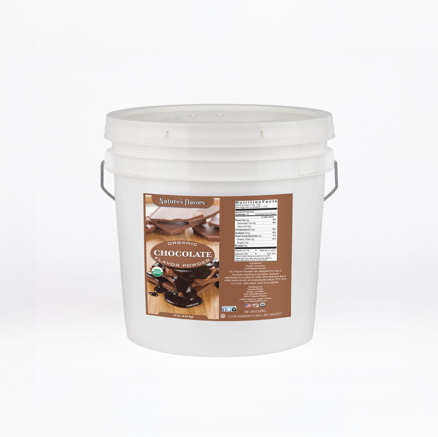 White bucket labeled “Organic chocolate flavor powder"