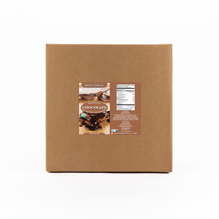 Cardboard box labeled “Organic Chocolate Flavor Powder"