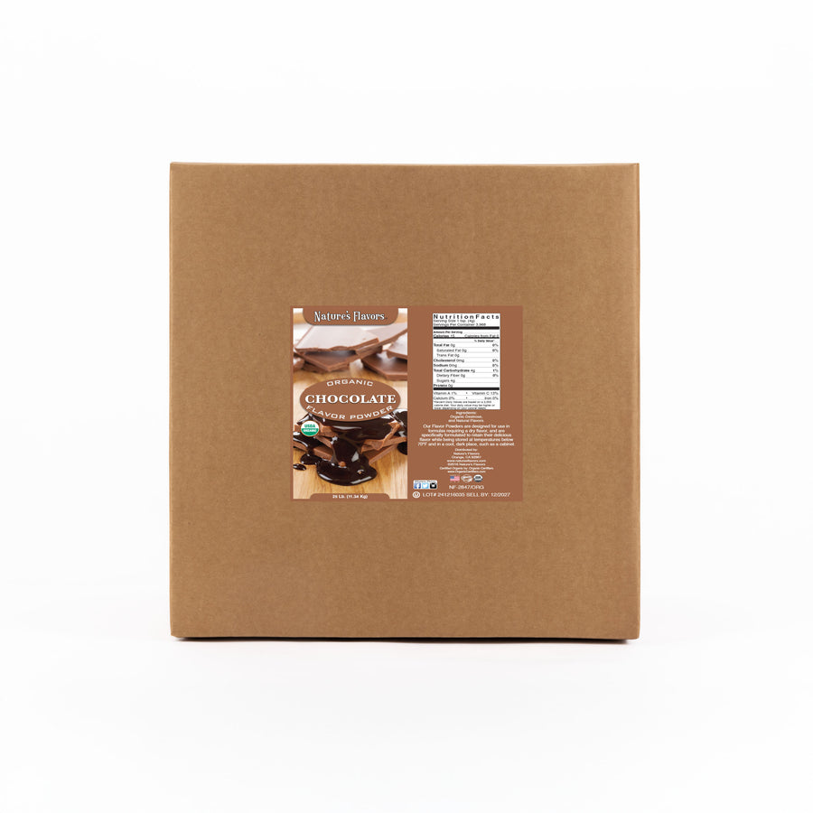 Cardboard box labeled “Organic Chocolate Flavor Powder"