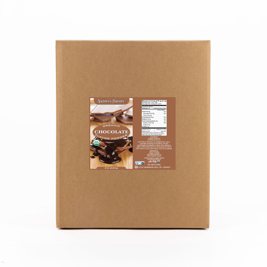 Cardboard box labeled “Organic Chocolate Flavor Powder"