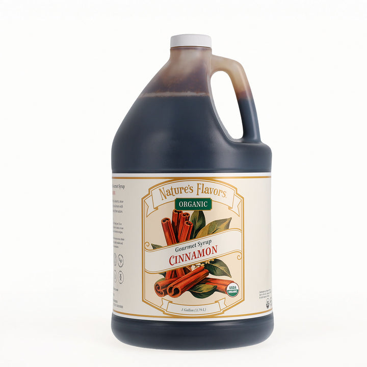A large plastic gallon jug of Nature's Flavors Organic Gourmet Syrup, Cinnamon flavor, on a clean white background.