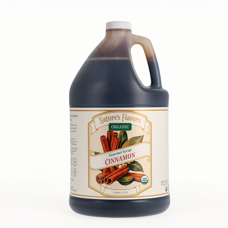 A large plastic gallon jug of Nature's Flavors Organic Gourmet Syrup, Cinnamon flavor, on a clean white background.