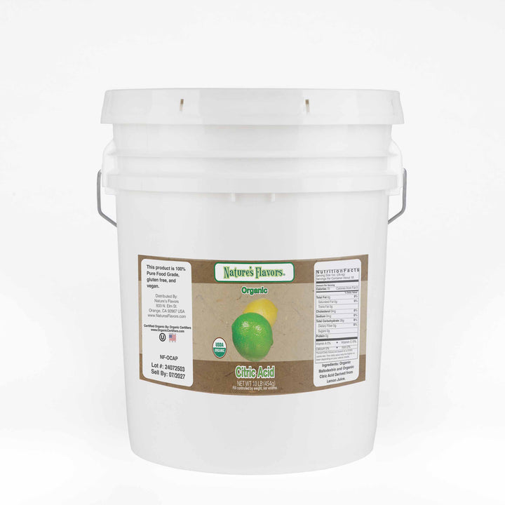 A white bucket labeled “Organic Citric Acid”.
