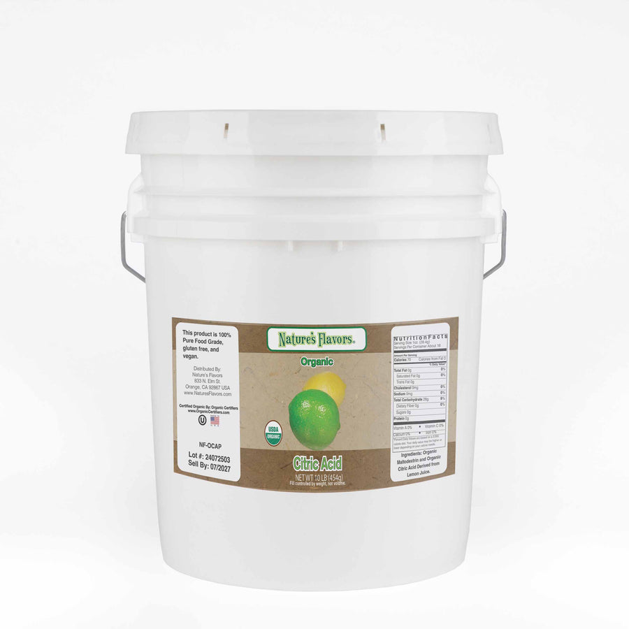 A white bucket labeled “Organic Citric Acid”.
