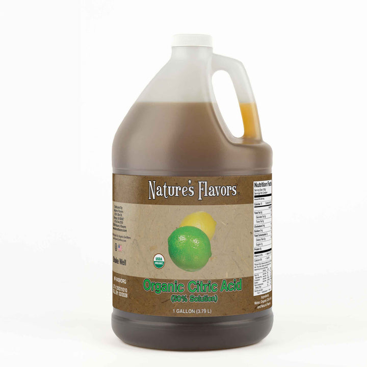 A 1 gallon bottle with a label that reads, "Organic Citric Acid (50% Solution)"
