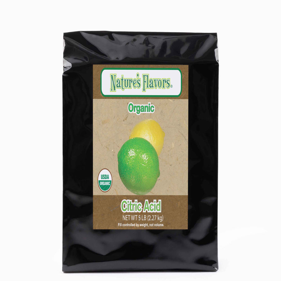 A black bag labeled "Organic Citric Acid".