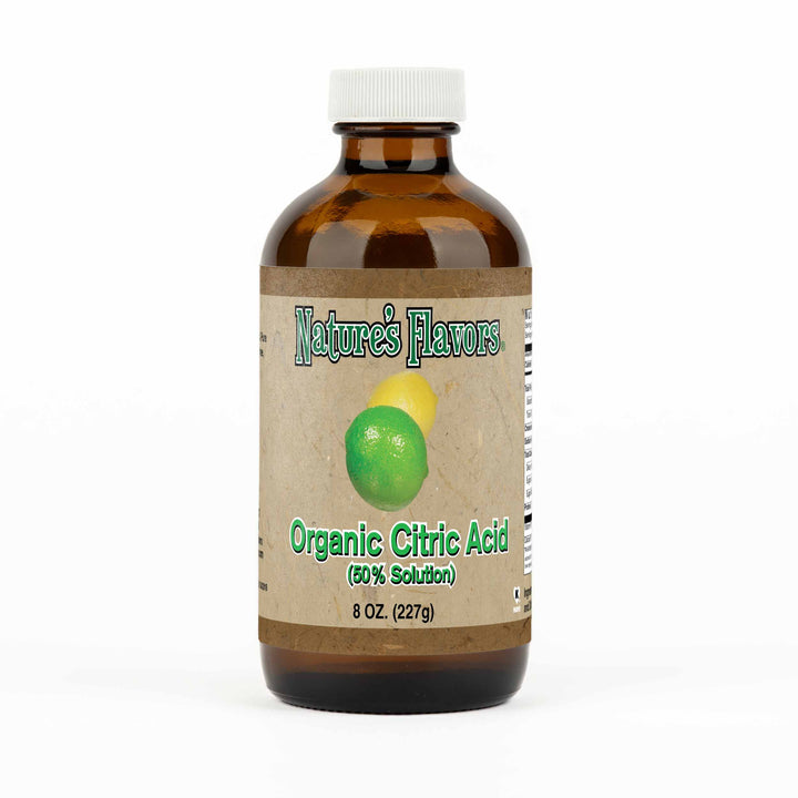 A small brown bottle with a label that reads, "Organic Citric Acid (50% Solution). 8 fl oz."
