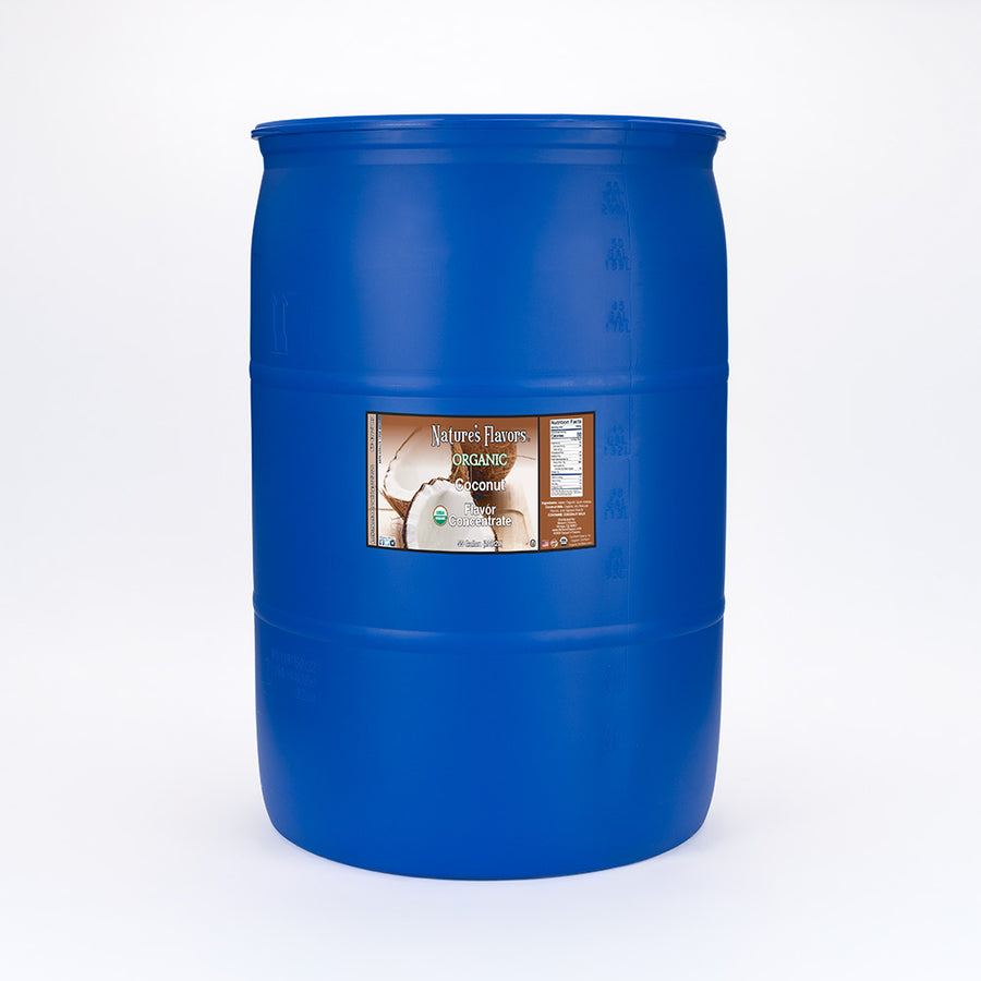 Large blue barrel labeled, "Organic Coconut Flavor Concentrate 55 gal”.
