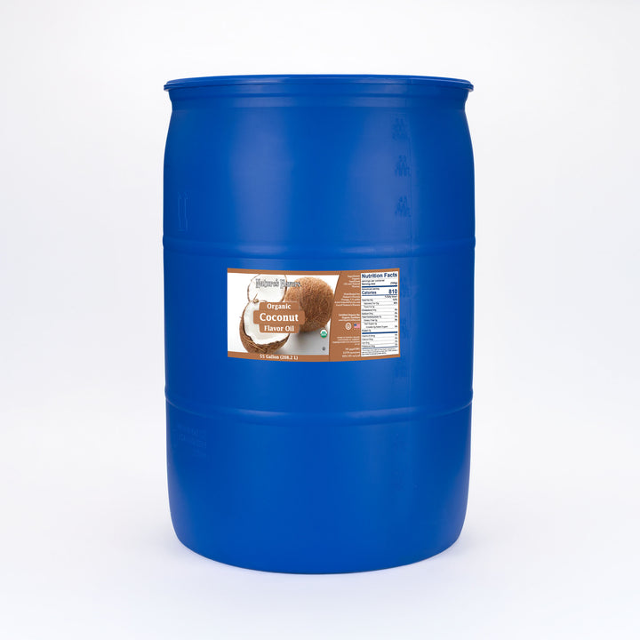 Large blue barrel labeled, "Organic Coconut Flavor Oil"

