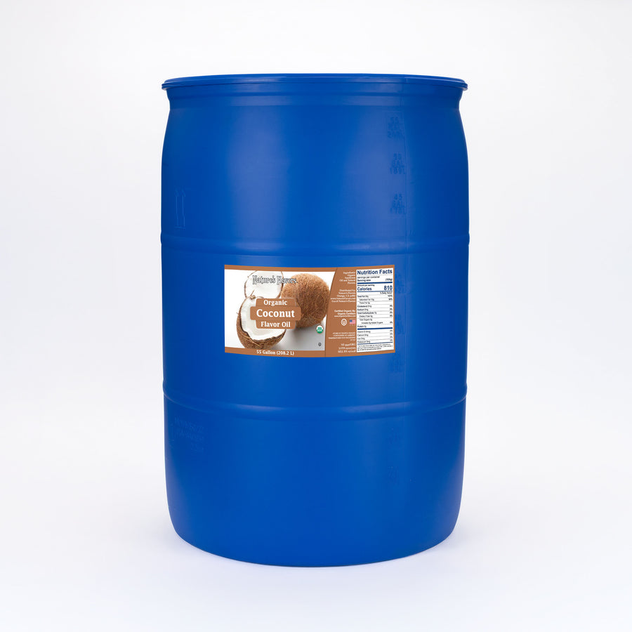 Large blue barrel labeled, "Organic Coconut Flavor Oil"
