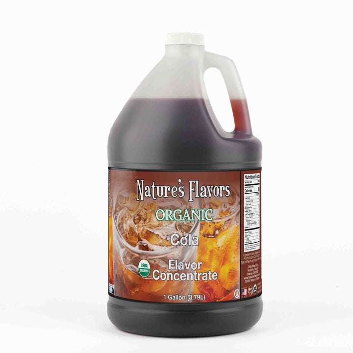 A 1 gallon bottle with a label that reads, "Organic Cola Flavor Concentrate."
