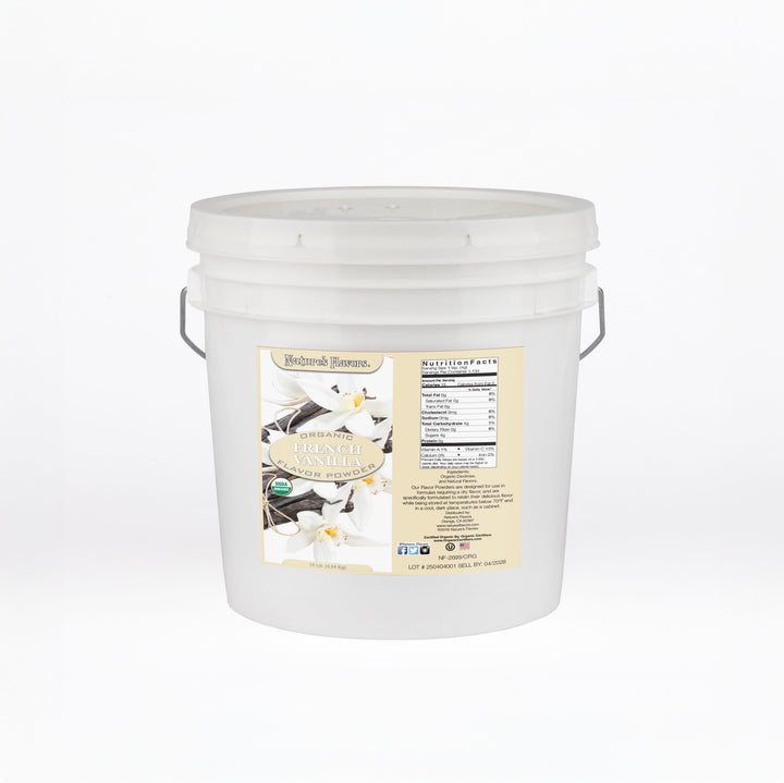 White bucket labeled “Organic French Vanilla Flavor Powder"
