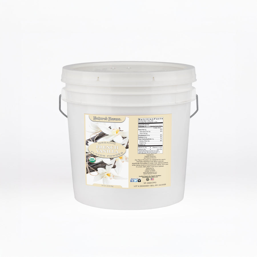 White bucket labeled “Organic French Vanilla Flavor Powder"
