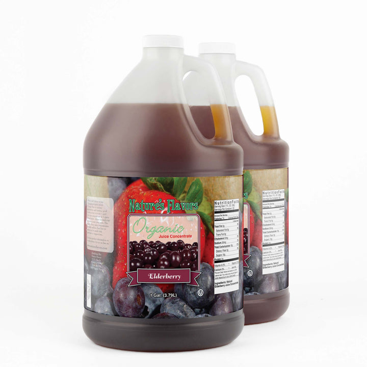 Two 1-gallon bottles labeled, "Organic Juice Concentrate Elder Berry"
