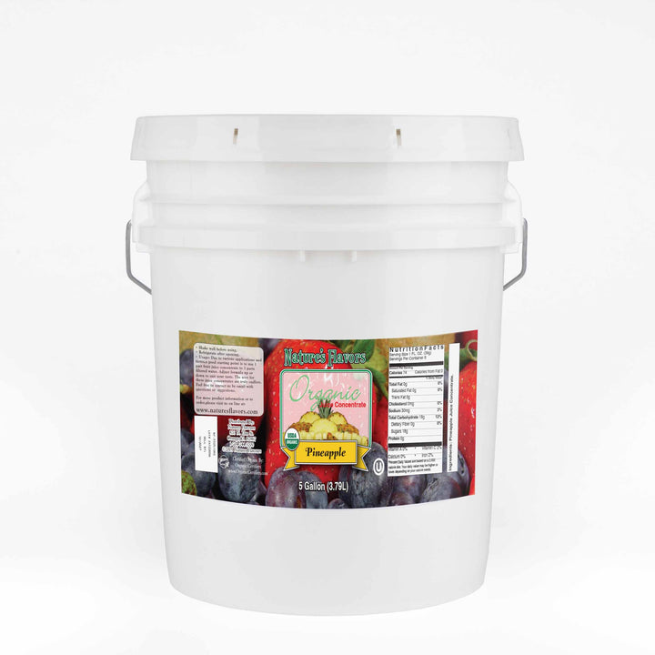 A white bucket with a label on it that reads "Organic Juice Concentrate, Pineapple. 5 Gallon."