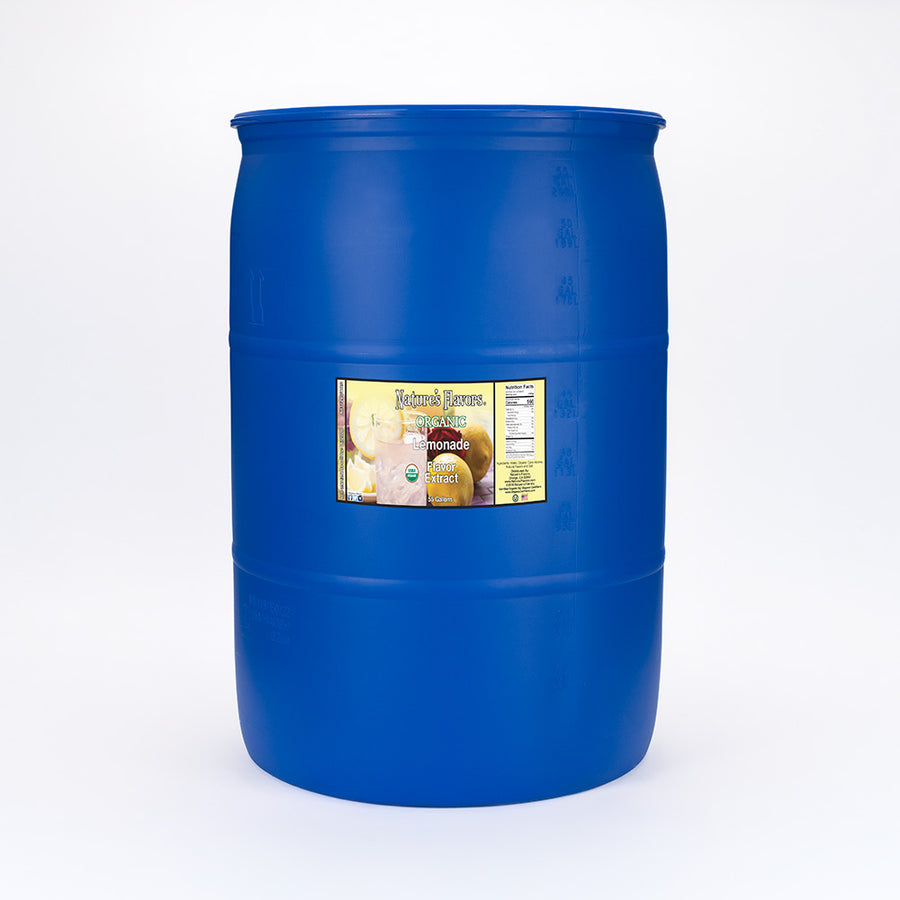 Large blue barrel labeled, "Lemonade flavor extract".
