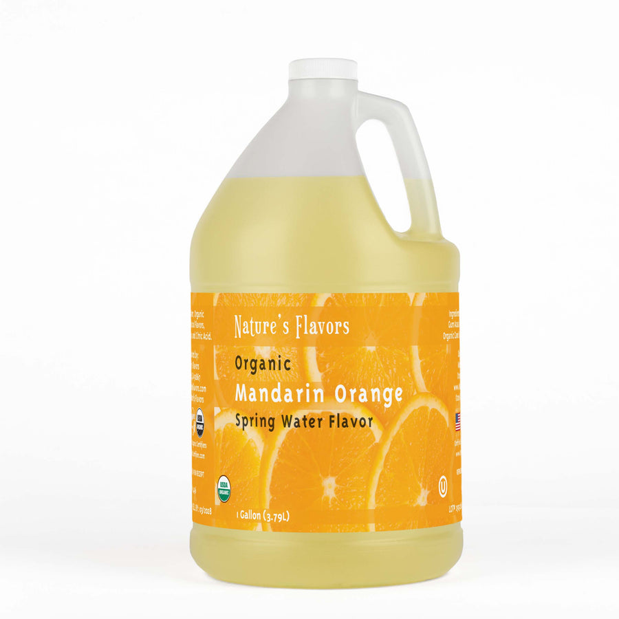 1-Gallon bottle labeled, “Organic Mandarin Orange Spring Water Flavor”.