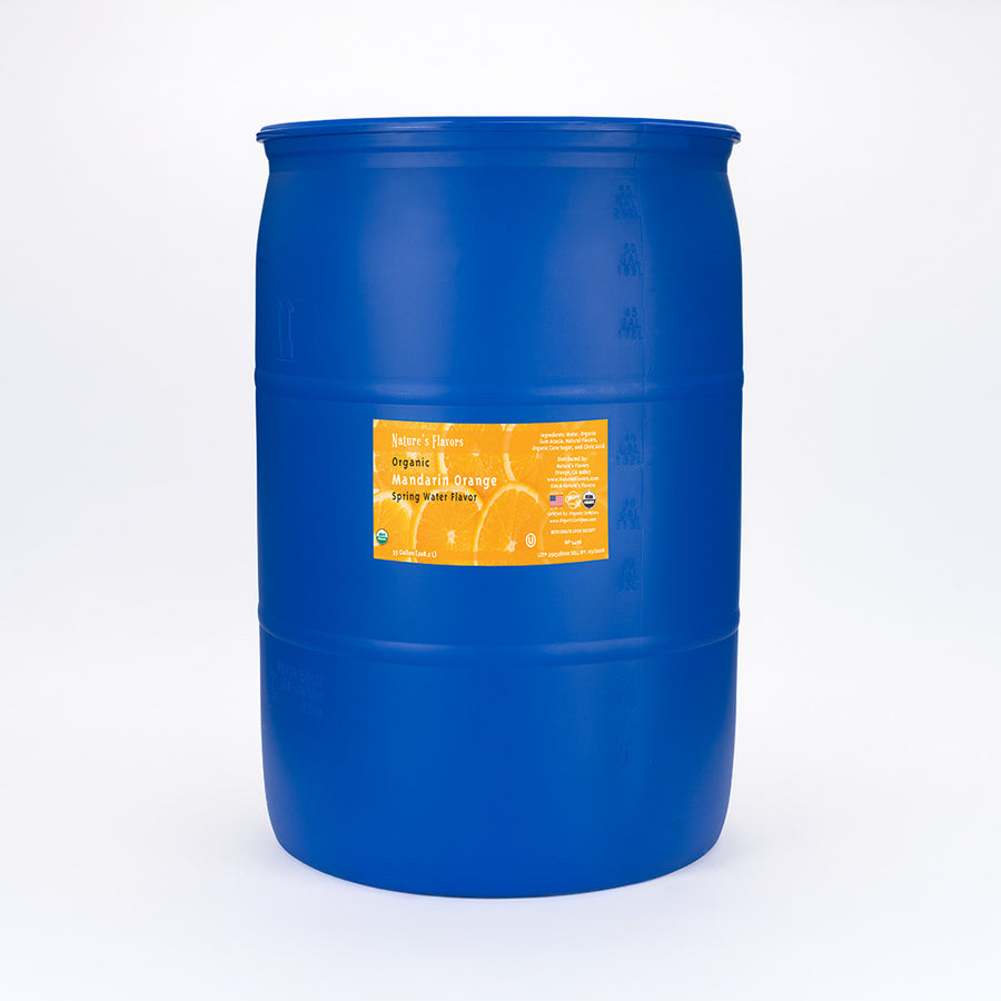 Large blue barrel labeled, "Organic Mandarin Orange Spring Water Flavor"