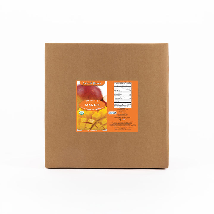 Cardboard box labeled “Organic Mango Flavor Powder"