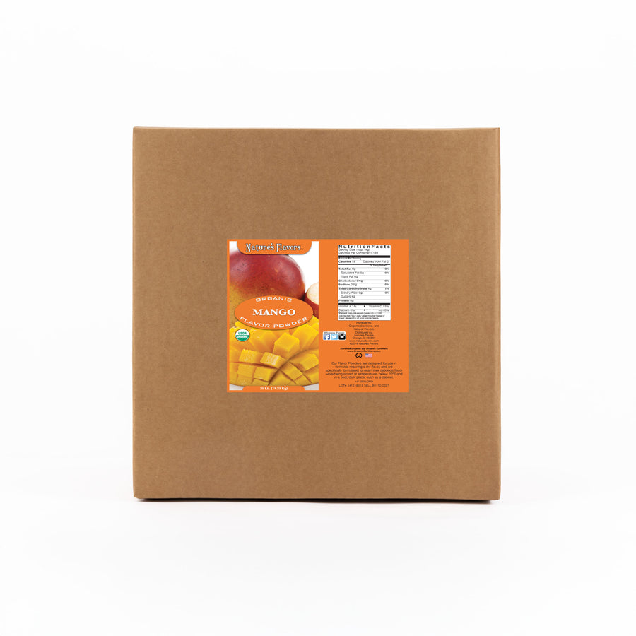 Cardboard box labeled “Organic Mango Flavor Powder"
