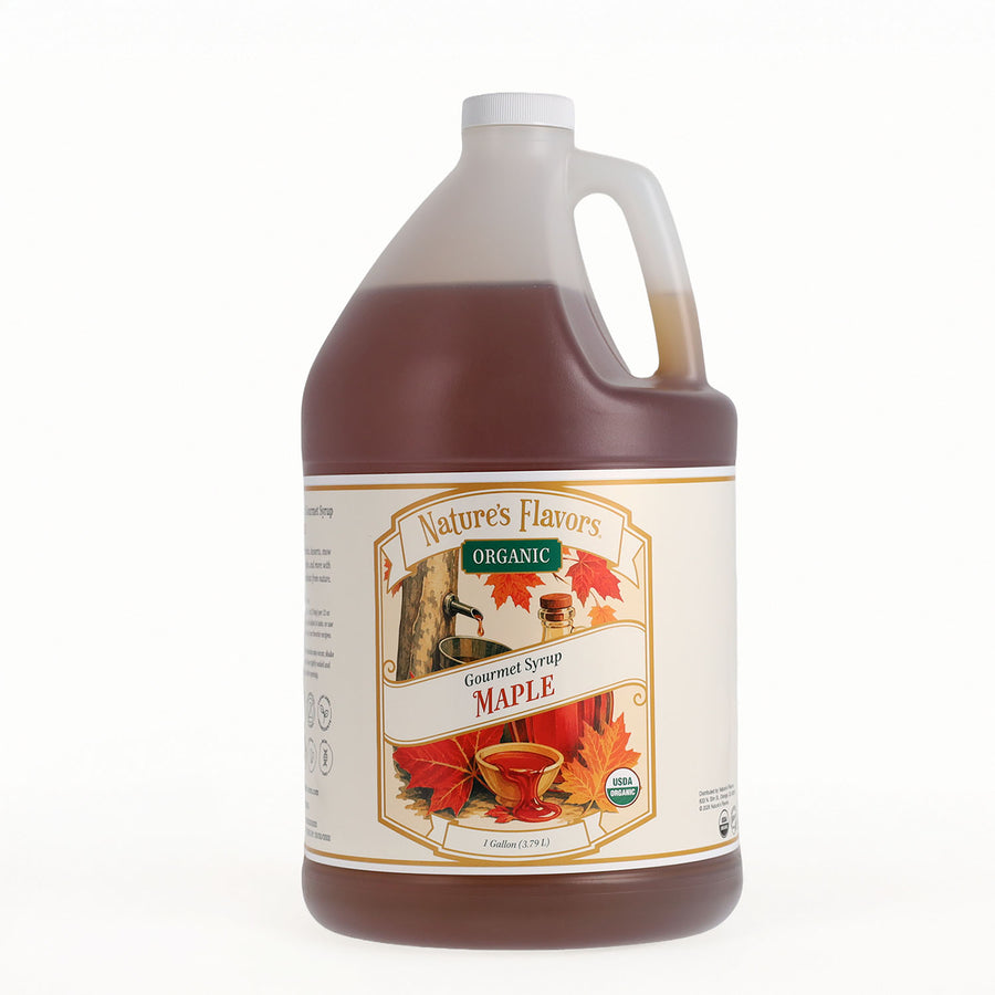 A one-gallon plastic jug of Nature's Flavors Organic Maple Gourmet Syrup, filled with dark amber-brown syrup, on a clean white background.