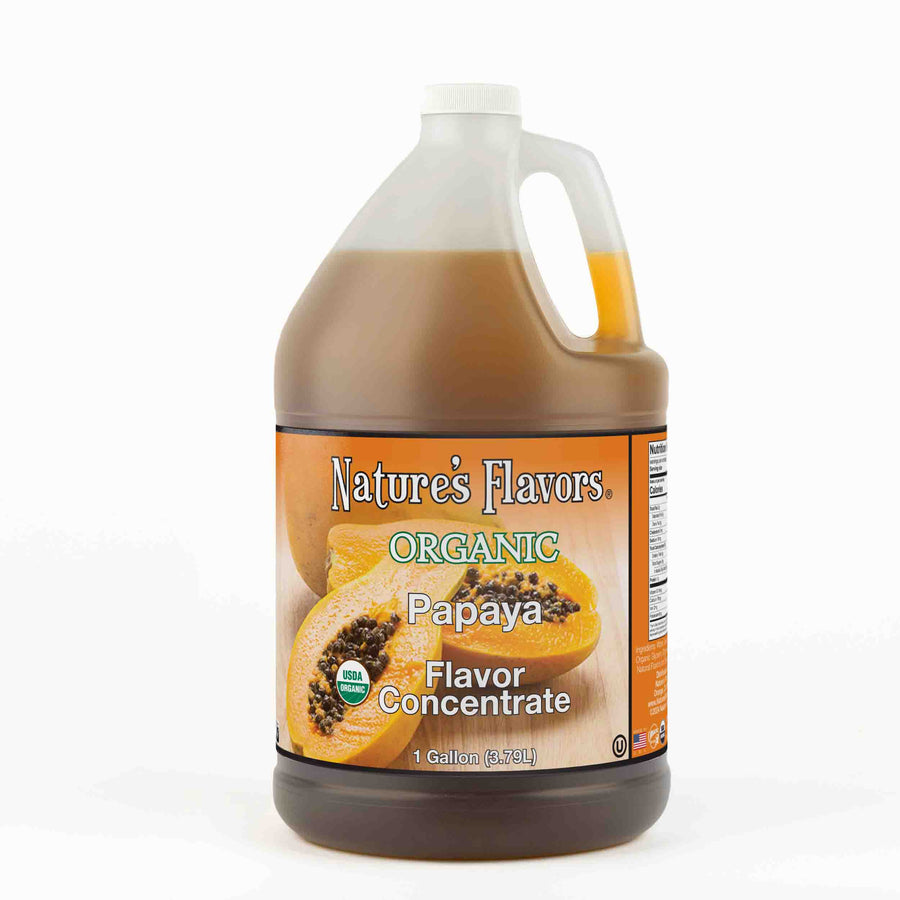 A 1 gallon bottle with a label that reads, "Organic Papaya flavor concentrate."
