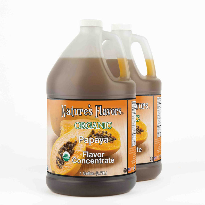 Two, 1 gallon bottles both with a label that read, "Organic Papaya flavor concentrate. 1 gallon."