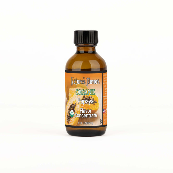 A brown bottle with a label that reads, "Organic Papaya flavor concentrate. 2 fl oz."