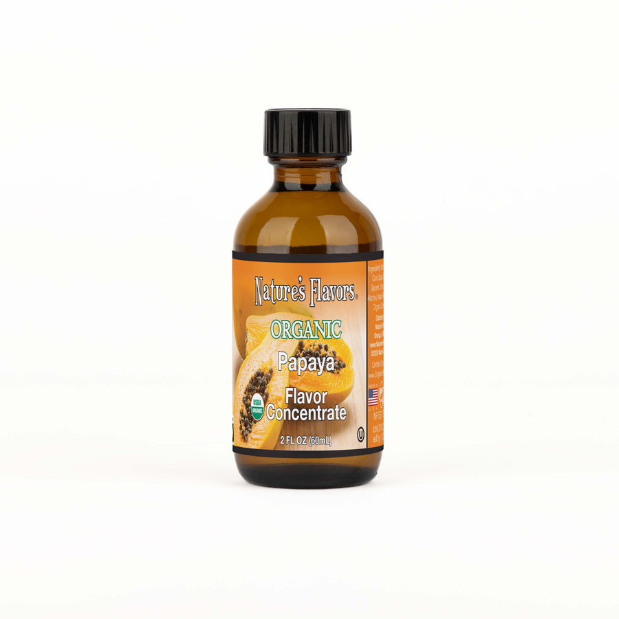 A brown bottle with a label that reads, "Organic Papaya flavor concentrate. 2 fl oz."
