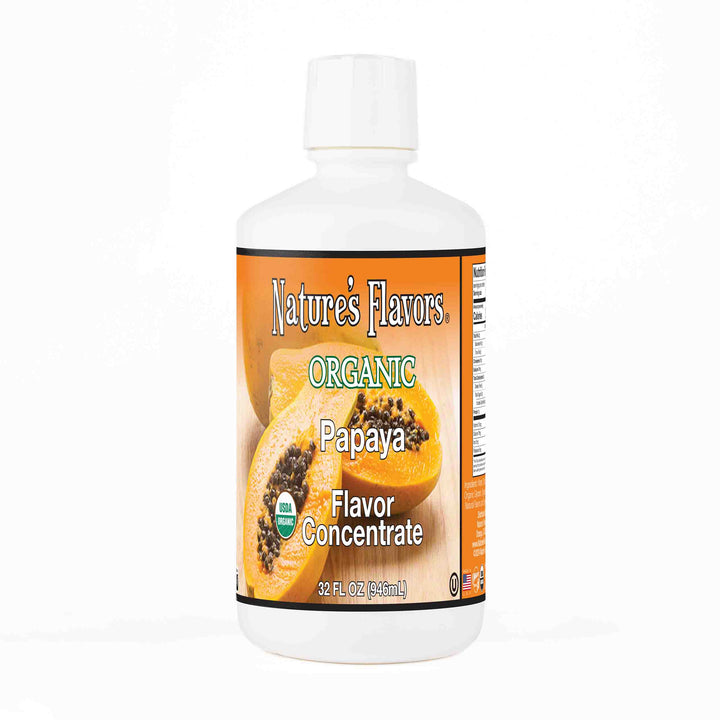 A white bottle with a label that reads, "Organic papaya flavor concentrate. 32 fl oz."