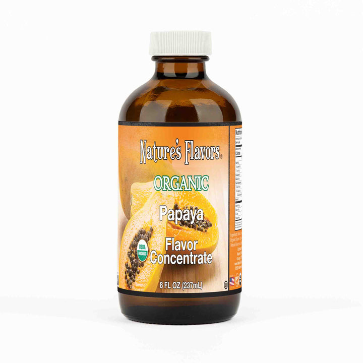 A small brown bottle with a label that reads, "Organic papaya flavor concentrate. 8 fl oz."