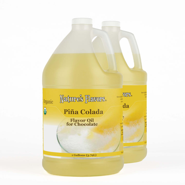 Two 1-gallon bottles with labels that read, "Organic Piña Colada Flavor Oil for Chocolate"
