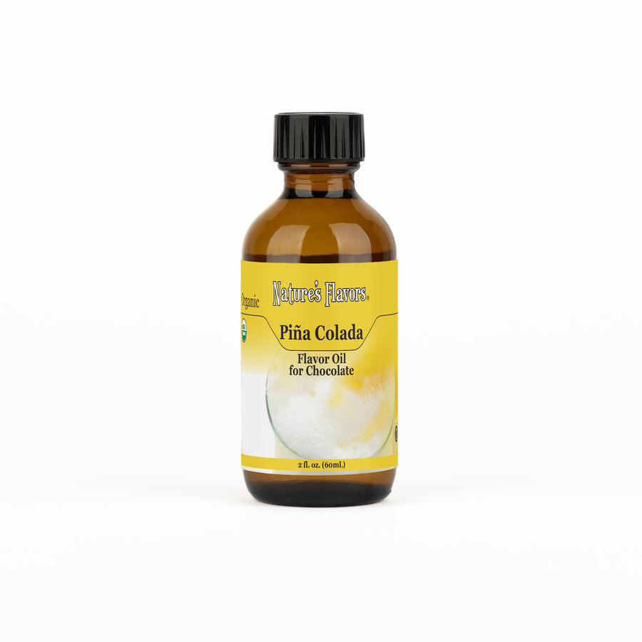 A brown bottle with a label that reads, "Organic Piña Colada Flavor Oil for Chocolate. 2 fl oz."