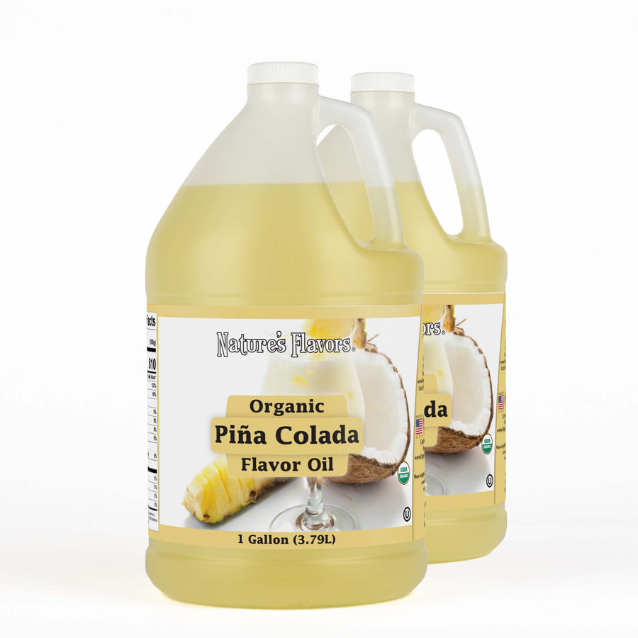 Two 1-gallon bottles with labels that read, "Organic Piña Colada Flavor Oil"
