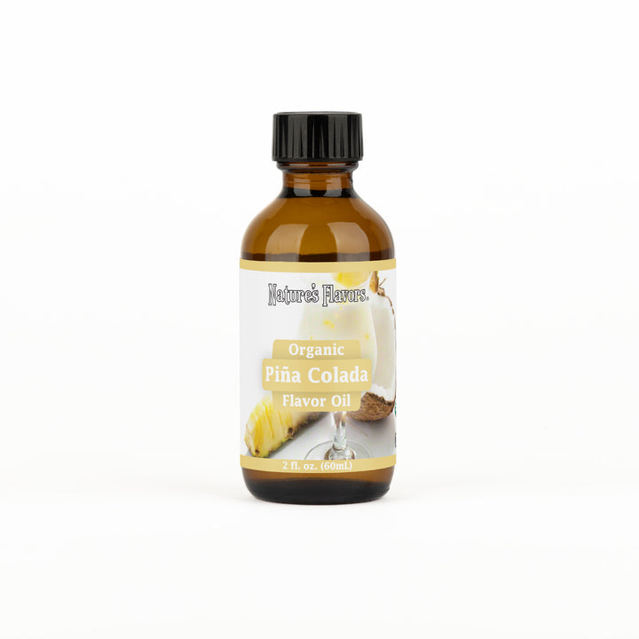 A brown bottle with a label that reads, "Organic Piña Colada Flavor Oil. 2 fl oz."