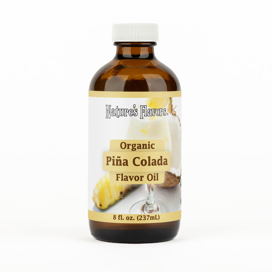 A brown bottle with a label that reads, "Organic Piña Colada Flavor Oil. 8 fl oz."
