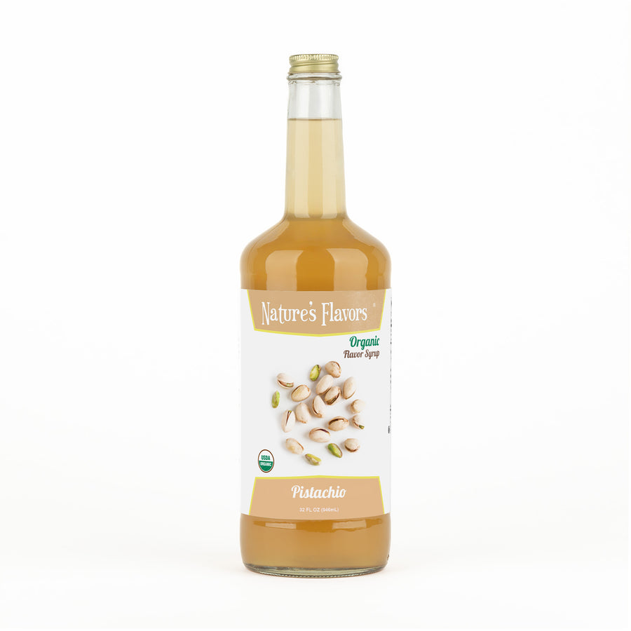 Bottle labeled, "Organic Flavor Syrup Pistachio"